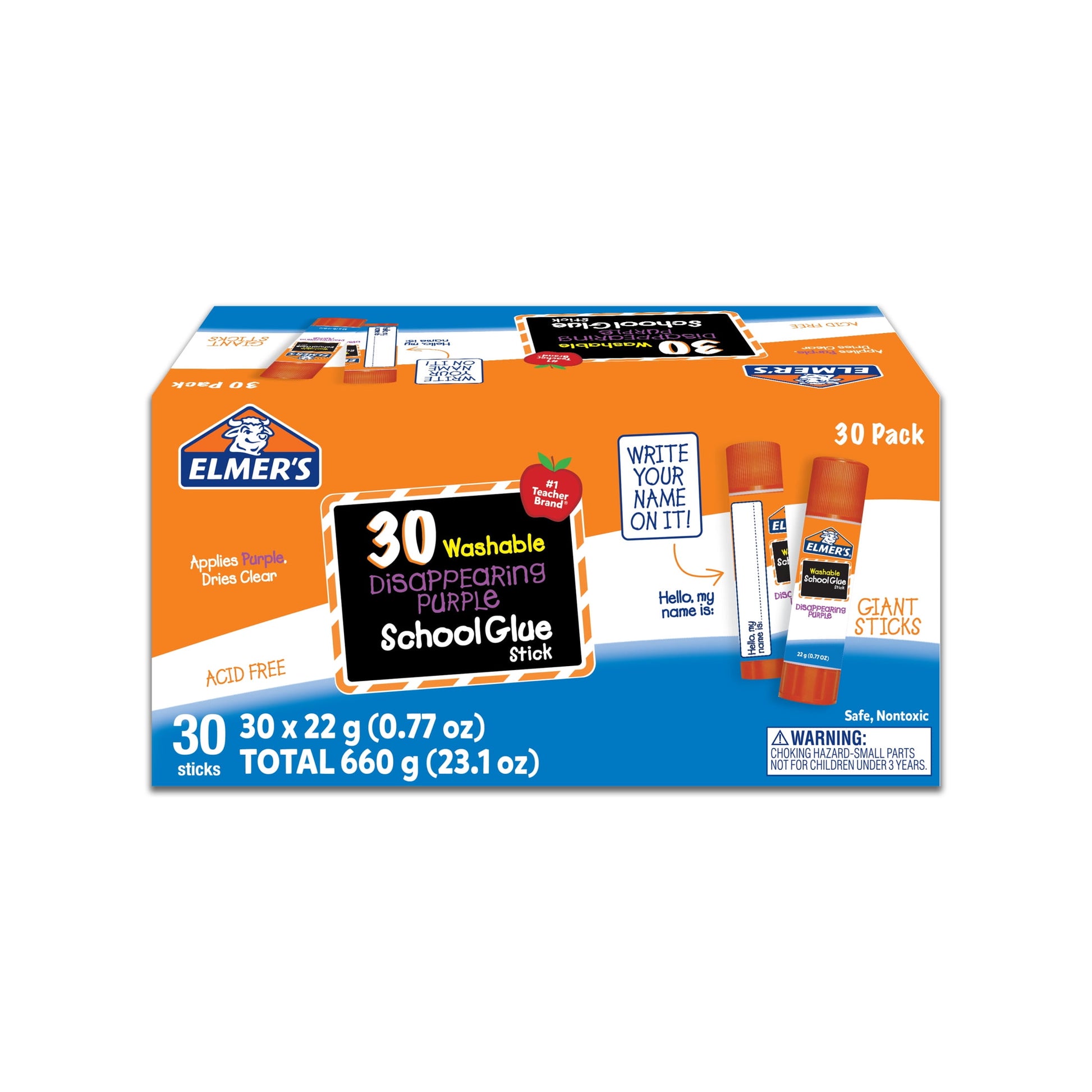 NEW Elmer's Write-On Label Disappearing Purple Giant School Glue Sticks, Washable, Classroom Essential, 30 Count