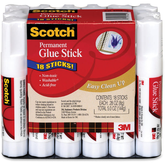 3M Scotch Permanent Glue Sticks, White, 18-Count, Nontoxic, Fast-Bonding