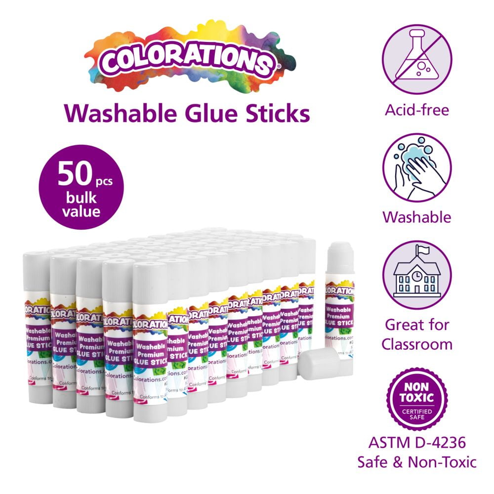 Colorations Premium White Washable Glue Sticks (ea 0.17 oz) - Set of 50 Value Pack