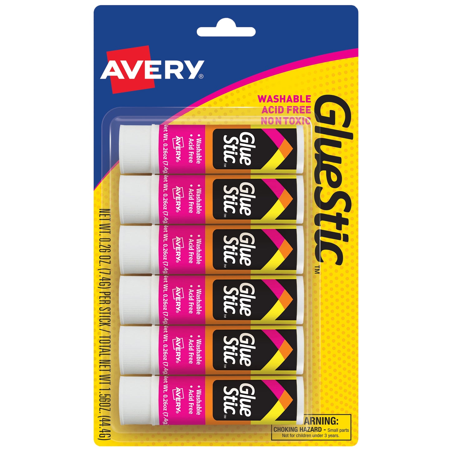 Avery Glue Stic, Washable, Nontoxic, Permanent Adhesive, 0.26 oz., 6 Sticks (98095)