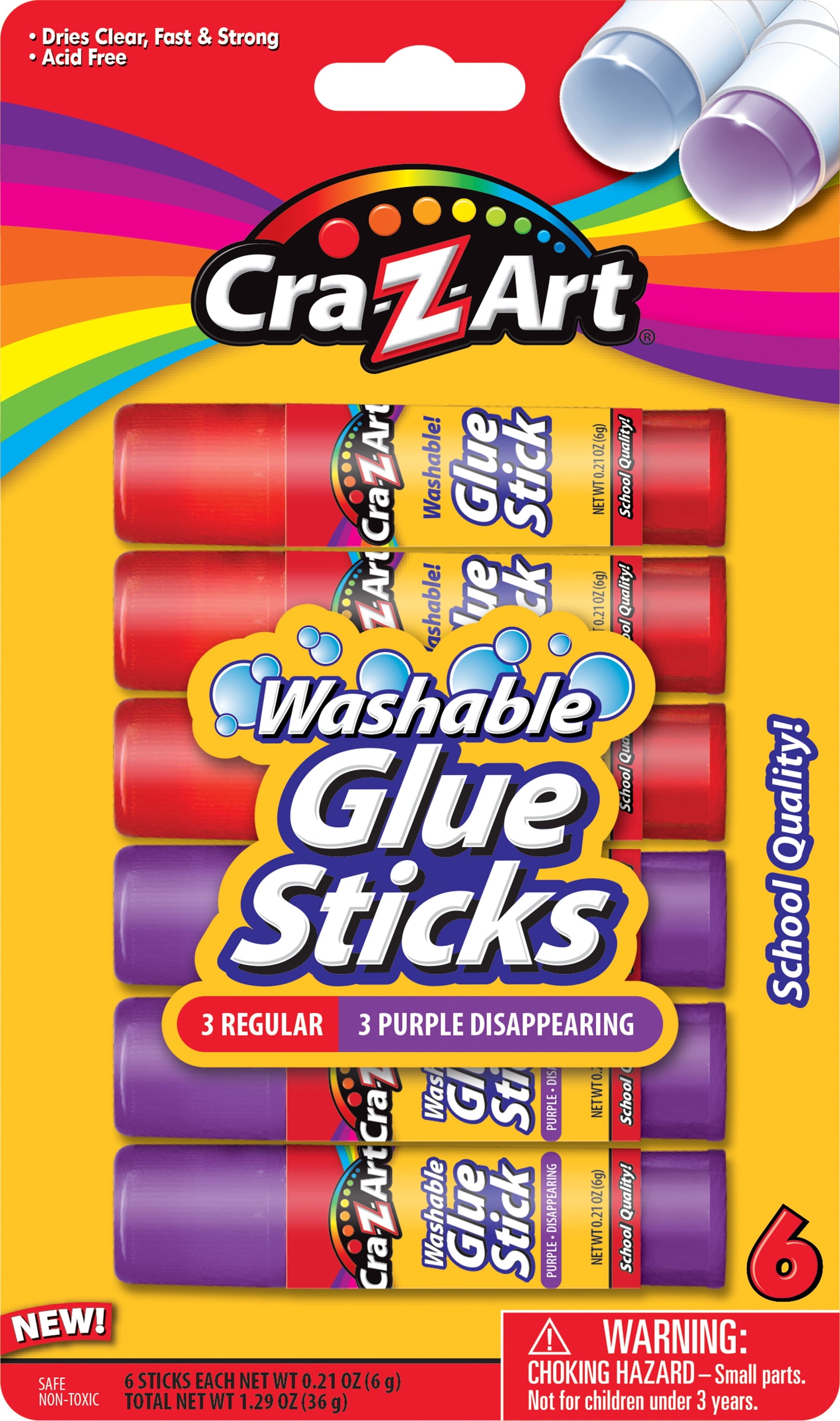 Cra-Z-Art Washable Glue Sticks, Disappearing Purple, 6 Count, Total Weight 1.29oz